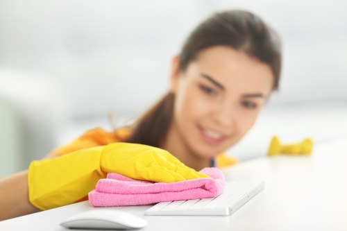 Cleaner treating a fabric armchair during upholstery cleaning