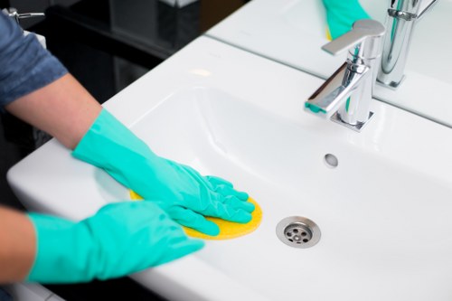 Professional cleaner tidying a bathroom in Tooting